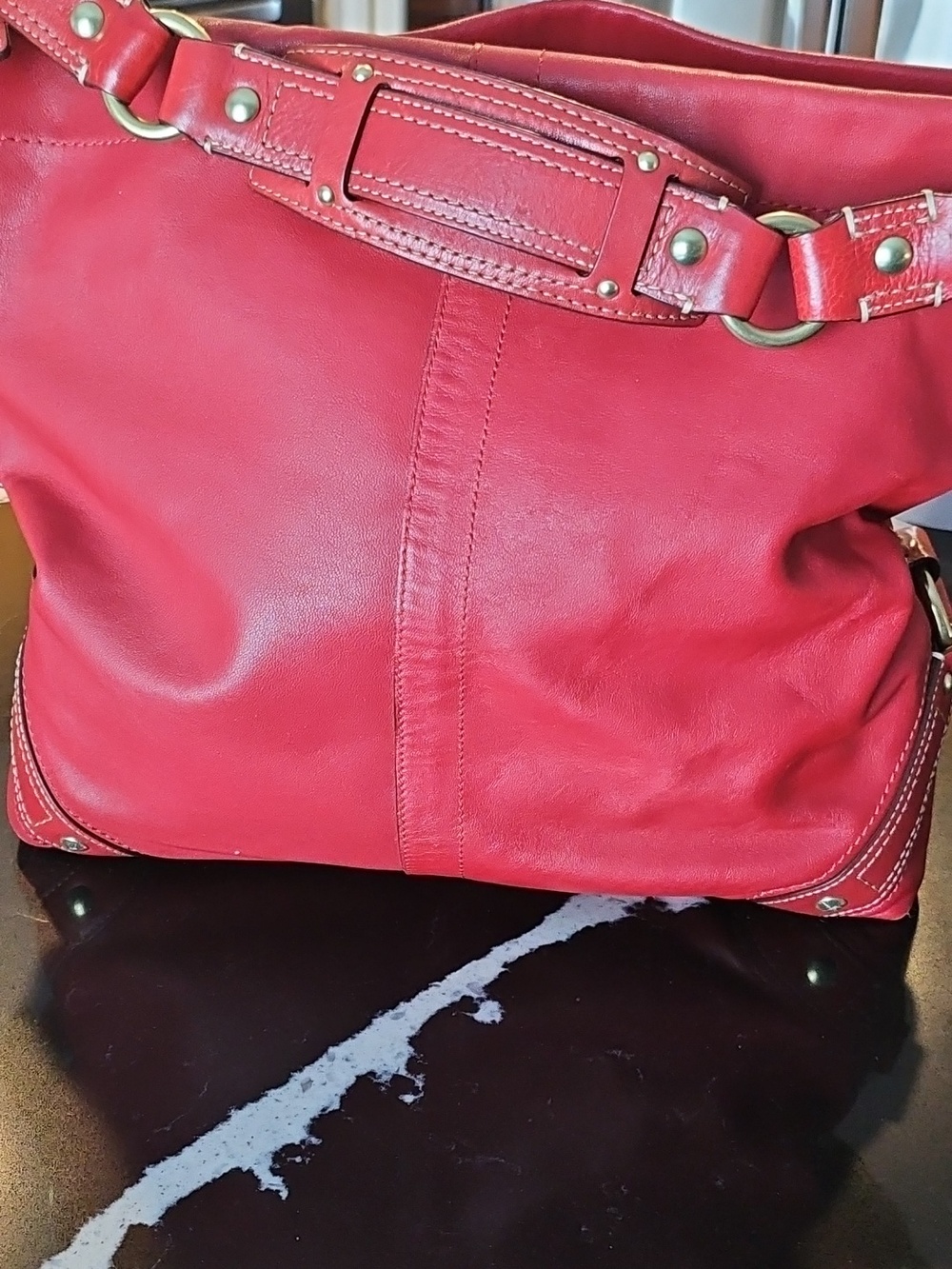 Red Leather Shoulder Bag with Chain Strap Slouch Coach